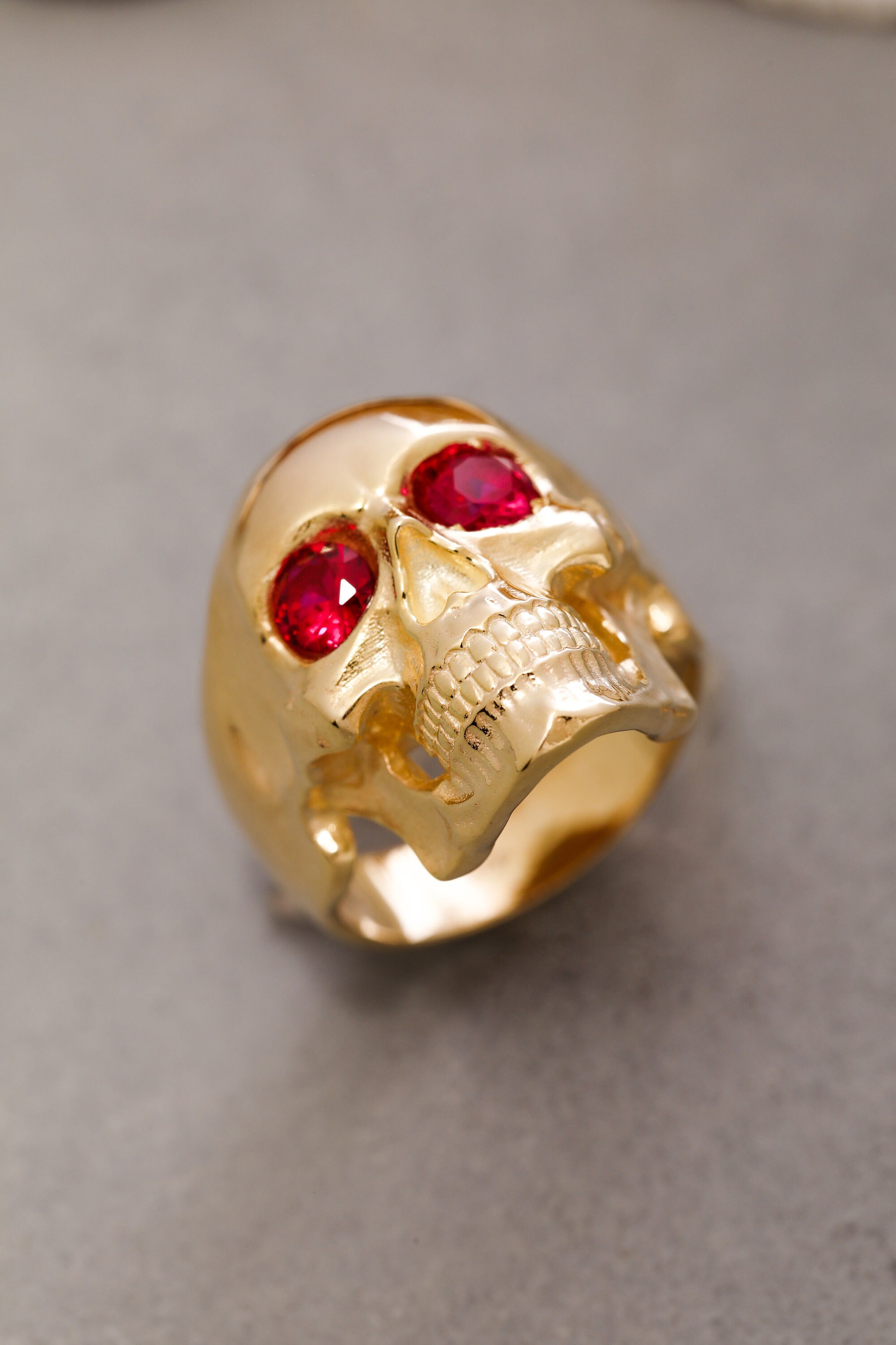 Mexican Sugar Skull 14K Solid Gold Ring With Ruby Eyes - Biker Memento Mori Heavy Statement Ring SK010RBY14K