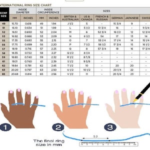 Puede incluir: Un gr&aacute;fico que muestra las tallas de anillo internacionales en mil&iacute;metros y pulgadas. El gr&aacute;fico incluye tallas para Estados Unidos, Canad&aacute;, Reino Unido, Francia, Alemania, Jap&oacute;n y Suiza. El gr&aacute;fico tambi&eacute;n incluye un diagrama que muestra c&oacute;mo medir la talla de tu anillo.