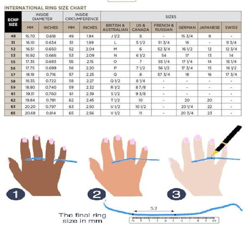 Puede incluir: Un gr&aacute;fico que muestra las tallas de anillo internacionales en mil&iacute;metros y pulgadas. El gr&aacute;fico incluye tallas para Estados Unidos, Canad&aacute;, Reino Unido, Francia, Alemania, Jap&oacute;n y Suiza. El gr&aacute;fico tambi&eacute;n incluye un diagrama que muestra c&oacute;mo medir la talla de tu anillo.