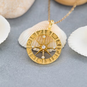 14K Solid Gold Compass Necklace, 925 Sterling Silver Compass Necklace, Horoscope Astrology Compass Necklace, North Star Necklace image 3