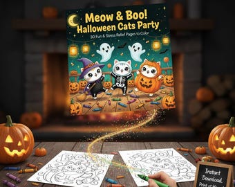 Coloring Book PDF – Halloween Cats Party | 30 Fun Stress Relief Coloring Pages | FastParty