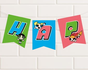 Powerpuff Girls Birthday Banner | Colorful Printable Party Decoration | Blossom Bubbles Buttercup Cartoon Digital Download