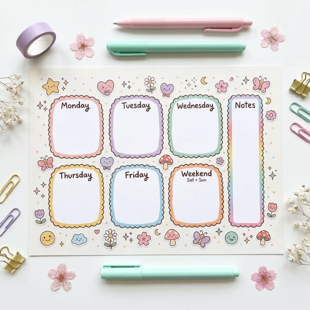 Kawaii Weekly Planner Printable | Pastel Design (PDF, JPG, PNG) - Etsy