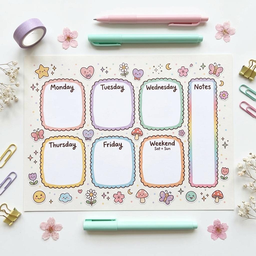 Kawaii Weekly Planner Printable | Pastel Design (PDF, JPG, PNG) - Etsy