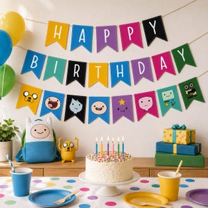 May include: A birthday party setup featuring a multi-colored pennant banner spelling HAPPY BIRTHDAY with character flags below. A white frosted cake with sprinkles and six lit candles sits on a table with blue and yellow cups, plates, and gifts.