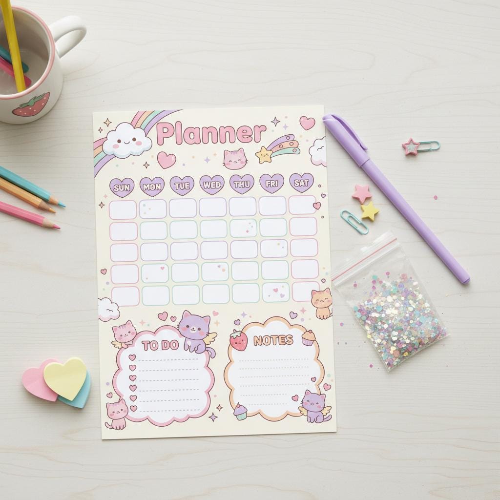 Kawaii Weekly Planner Printable | Cute Pastel Planner Page | Weekly ...