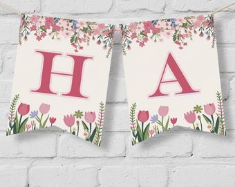 Floral Happy Birthday Banner | Printable Birthday Decoration | Feminine Garden Party Decor – Digital Download