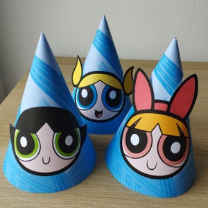 Powerpuff Girls Party Hats: Printable Birthday Cone Hats (PDF Download)