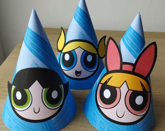 Powerpuff Girls Party Hats: Printable Birthday Cone Hats (PDF Download)
