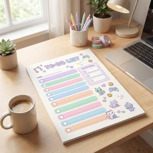 May include: A pastel-colored To-Do List notepad with a whimsical design. The notepad features sections for tasks, dates, and priorities, adorned with cute illustrations of aliens, robots, and game controllers. A coffee mug and pens are also visible.