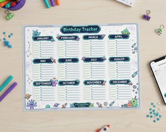 Space Birthday Tracker Printable | Kids Alien Birthday Chart (A4 Landscape PDF)