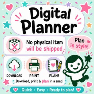 K&ouml;nnte beinhalten: Werbung f&uuml;r einen digitalen Planer mit dem Text "Digital Planner" in gro&szlig;en schwarzen Buchstaben. Das Bild enth&auml;lt Symbole f&uuml;r das Herunterladen, Drucken und Planen sowie den Satz "Es wird kein physischer Artikel versendet". Das Design ist farbenfroh und verspielt.