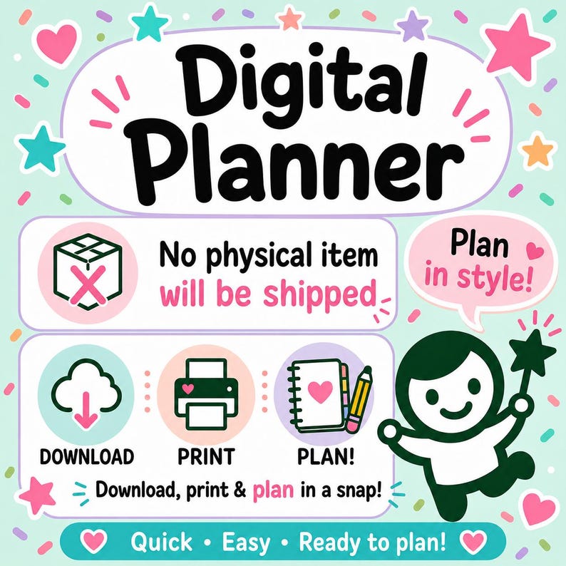 K&ouml;nnte beinhalten: Werbung f&uuml;r einen digitalen Planer mit dem Text "Digital Planner" in gro&szlig;en schwarzen Buchstaben. Das Bild enth&auml;lt Symbole f&uuml;r das Herunterladen, Drucken und Planen sowie den Satz "Es wird kein physischer Artikel versendet". Das Design ist farbenfroh und verspielt.