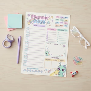 Planificador diario imprimible 2026: extraterrestre kawaii, temática espacial (A4)