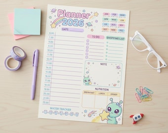 2026 Daily Planner Printable – Kawaii Alien, Space Theme (A4)