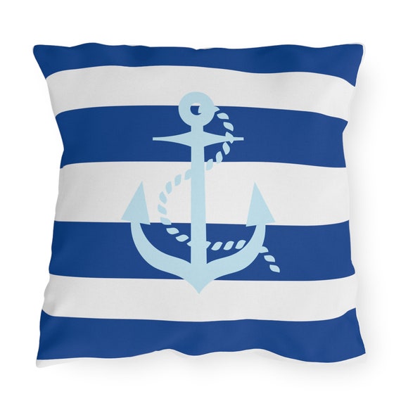 Blue Anchor Outdoor Pillow: Coastal Patio Accent Decor