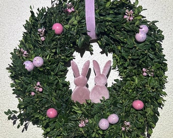 Easter wreath with Easter bunnies made of velvet and quail eggs/Easter decoration/spring decoration/spring wreath