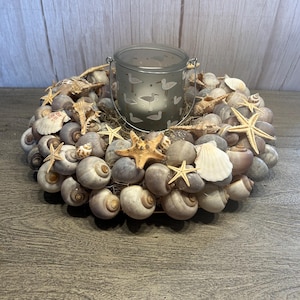 Op de afbeelding: Een decoratieve kandelaar met een ring van schelpen en zeesterren. Een glazen kandelaar met een metalen handvat staat in het midden, versierd met een patroon van zeemeeuwen. Het item heeft een kust- of nautisch thema.
