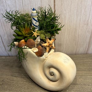 Könnte beinhalten: Ein cremefarbener, muschelförmiger Pflanztopf, gefüllt mit Sukkulenten, Muscheln und einem Miniatur-Leuchtturm. Die Anordnung umfasst einen Seestern und verschiedene Muscheln, die ein Küstenmotiv schaffen. Der Topf hat ein Spiraldesign.