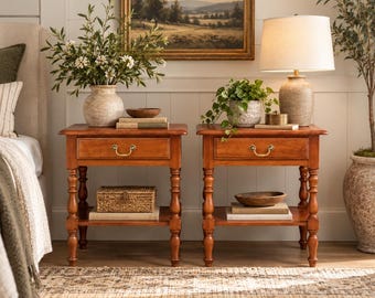 Vintage Mid 20th C Solid Cherry Single Drawer Open Shelf Nightstands 22" Wide - a Pair