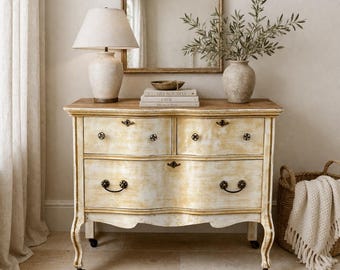 Antique Early 1900's French Solid Oak Wood Three Drawer Serpentine Front Dresser on Casters