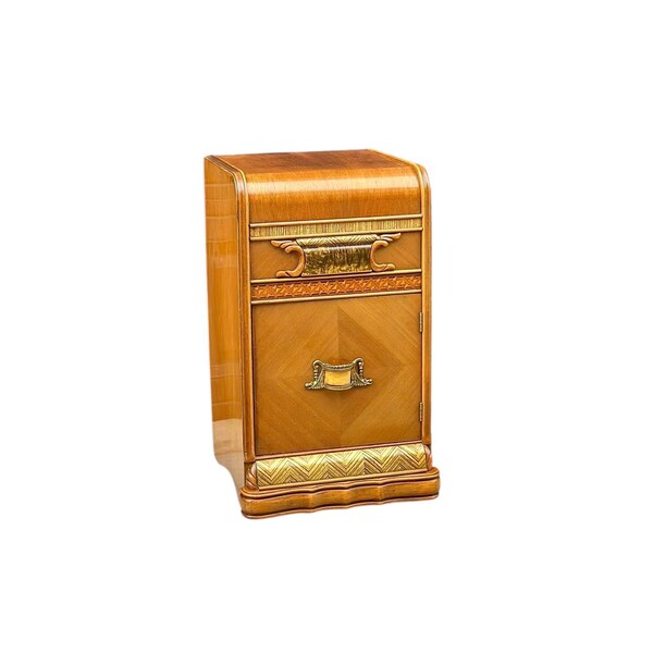 Antique 1930's Art Deco Waterfall Walnut & Burl Wood Cabinet Side Table