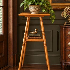 May include: A tall, light brown wooden plant stand with four slender, turned legs and a square top. It features a lower shelf holding two stacked books and a small brass duck figurine. A potted green and white variegated plant sits on top.