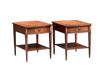 Vintage 1950s Banded Mahogany Wood Single Drawer Traditional Side Tables - a Pair