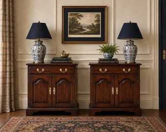 Vintage Late 20th Century Henkel Harris Solid Wood Cabinet Nightstands with Drawer – a Pair