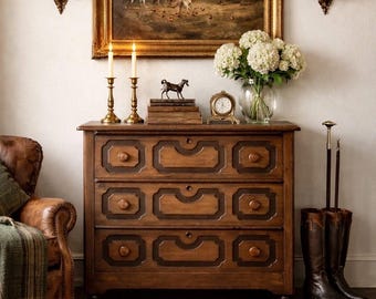Vintage Late 19th Century Solid Wood Carved Walnut Rustic Storage Dresser on Casters