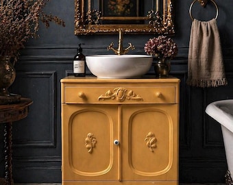 Vintage Early 20th Century Yellow Painted Solid Wood Sink Vanity Cabinet - Installation Ready