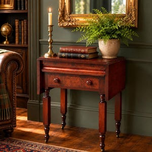 May include: A dark wood drop-leaf side table with a single drawer featuring two round knobs. The table stands on four turned legs with casters. On top sits a brass candlestick with a white candle and a potted green fern in a beige ceramic pot.