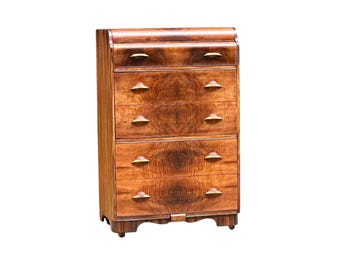 Antique 1920s Art Deco Waterfall Bookmatched Walnut Wood Five Drawer Accent Chest on Casters
