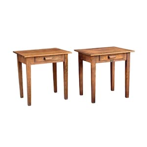 May include: Two wooden side tables with a warm, medium-brown finish. Each table has a single drawer and four straight legs. The tables are rectangular and appear to be made of solid wood, showcasing the natural grain.
