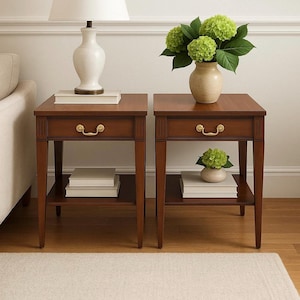 Vintage Mersman Mahogany Single Drawer Open Shelf End Tables - a Pair