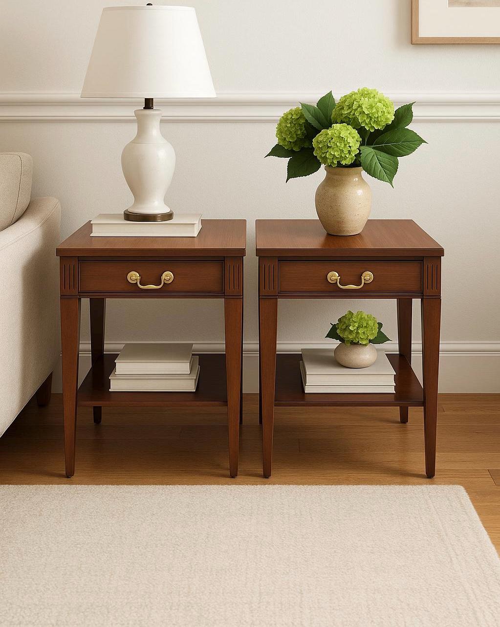 Vintage Mersman Mahogany Single Drawer Open Shelf End Tables - a