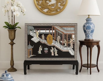 Vintage Mid 1900's Large Hand Painted Oriental Raised Storage Chest