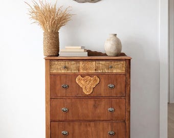 Antique Late 1800's Solid Black Cherry & Burl Maple Wood Four Drawer Tallboy Dresser on Casters