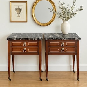 Vintage Mahogany & Italian Marble Nightstands on Casters - a Pair