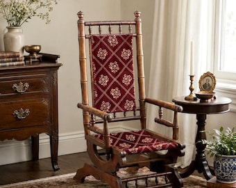 Antique Late 19th C. Eastlake Carved Walnut Wood Upholstered Rustic Rocking Accent Chair