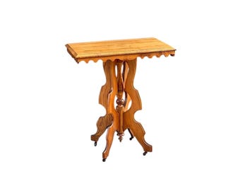 Antique 1890's Victorian Solid Oak Wood Scalloped Accent Table on Casters