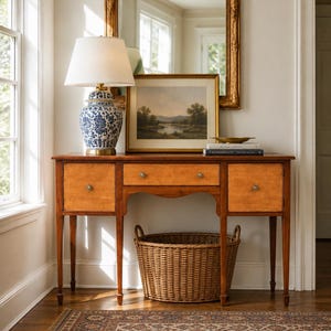 Vintage Late 20th C Solid Wood Two Tone Six Leg Narrow Sheraton Console Table with Cabinet & Drawer Storage