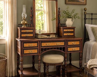 Antique Late 19th Century English Craftsman Nine Drawer Swing Mirror Walnut Accent Table on Casters by J.B. Richards, London