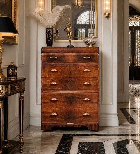 HOLD FOR SAMUEL** Vintage Early 1900s Art Deco Waterfall Tallboy Walnut Chest of Drawers on Casters 34" Wide