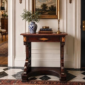 May include: A dark wood console table with a single drawer featuring a diamond-shaped inlay. The table surface holds a blue and white porcelain vase with greenery, a stack of two books, a small round brass container, and a tall brass candlestick.