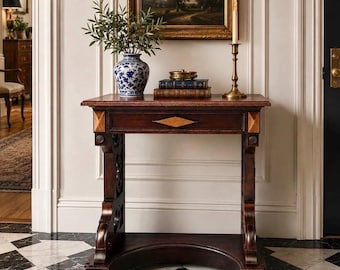 Antique Mid 19th Century Two Tone Mahogany Single Drawer Decorative Accent Carved Entry Table 31" Wide