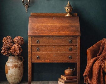 Vintage Early 20th Century Quarter Oak Drop Front Desk with Drawers - Solid Wood Accent Chest with Ring Pulls