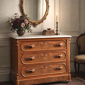 May include: A wooden dresser with three drawers, ornate carvings, and a marble top. A gold-framed oval mirror hangs above. A vase of flowers, books, and a lit candle complete the scene. The room has a vintage aesthetic.