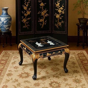 Vintage 1970&#39;s Oriental Black & Gold Mother of Pearl End Table