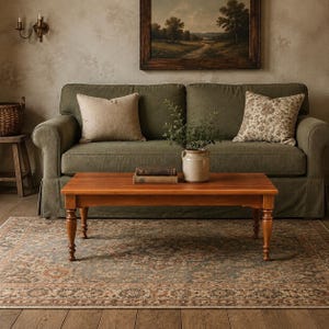 May include: A rectangular wooden coffee table with turned legs, positioned in front of an olive green sofa. The table holds two stacked books and a ceramic vase with greenery. A patterned rug with muted blue and orange tones lies underneath.